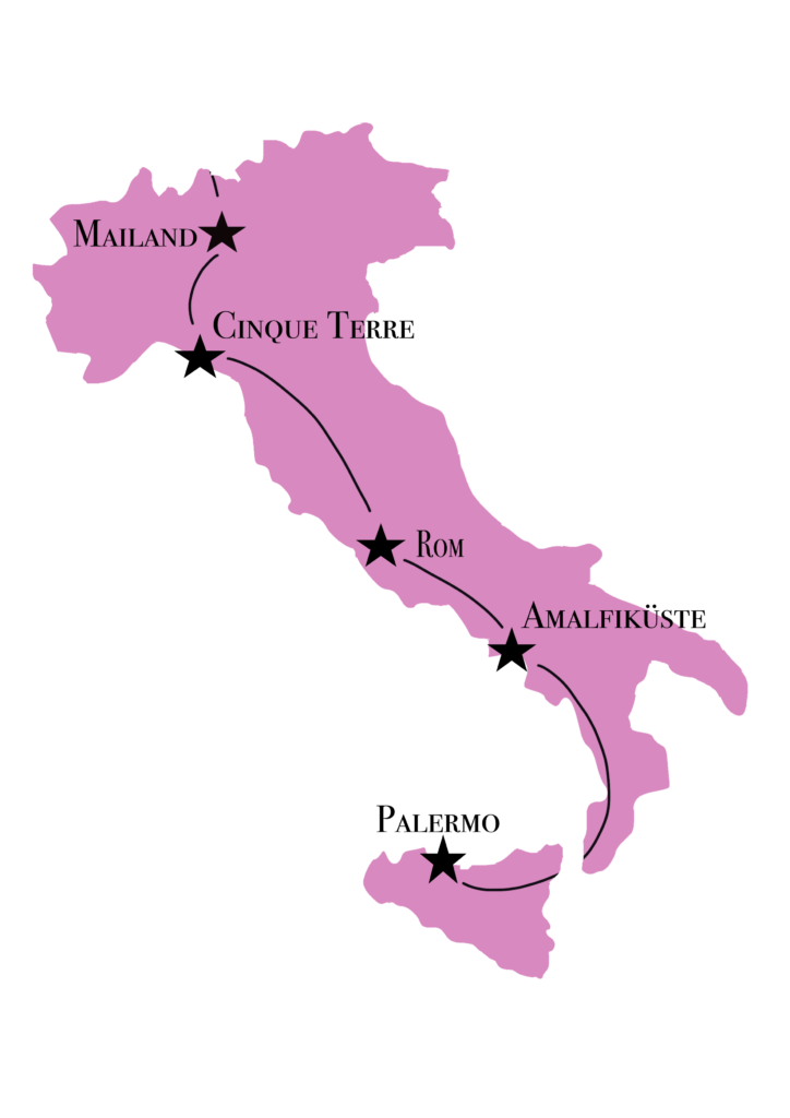Italien Karte mit dem Stationen einer Zugreise durch Italien.