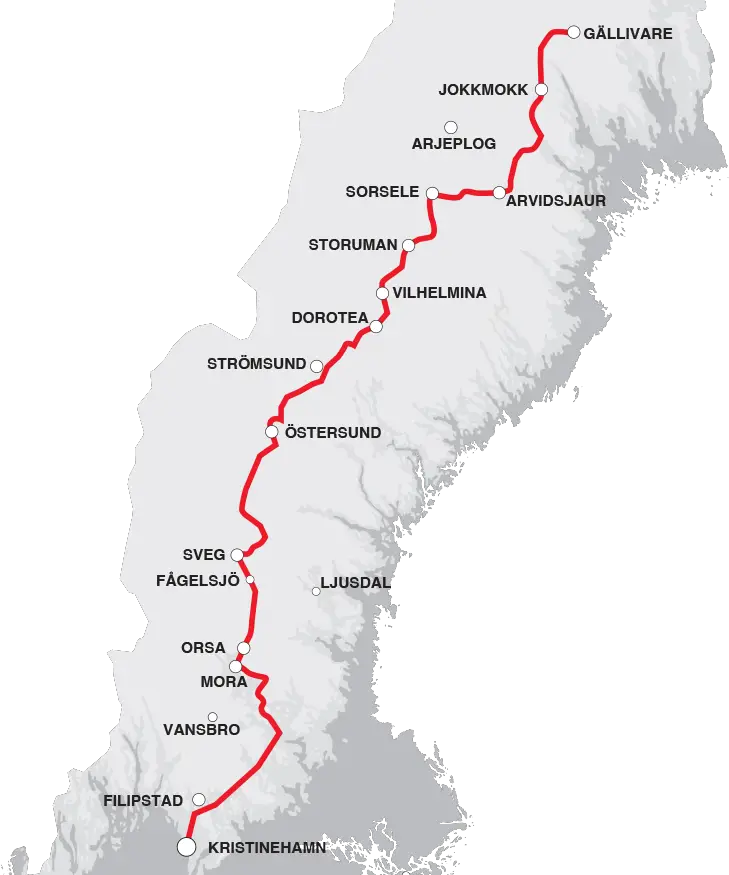 Inlandsbanan Karte und Strecke - Zug in Schweden