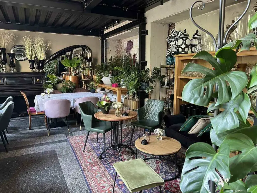 Frühstücks-Café in Breslau mit vielen Blumen und gemütlicher Einrichtung