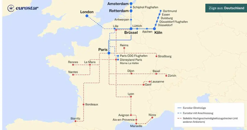 Streckenübersicht der Eurostar Züge auf einer Karte