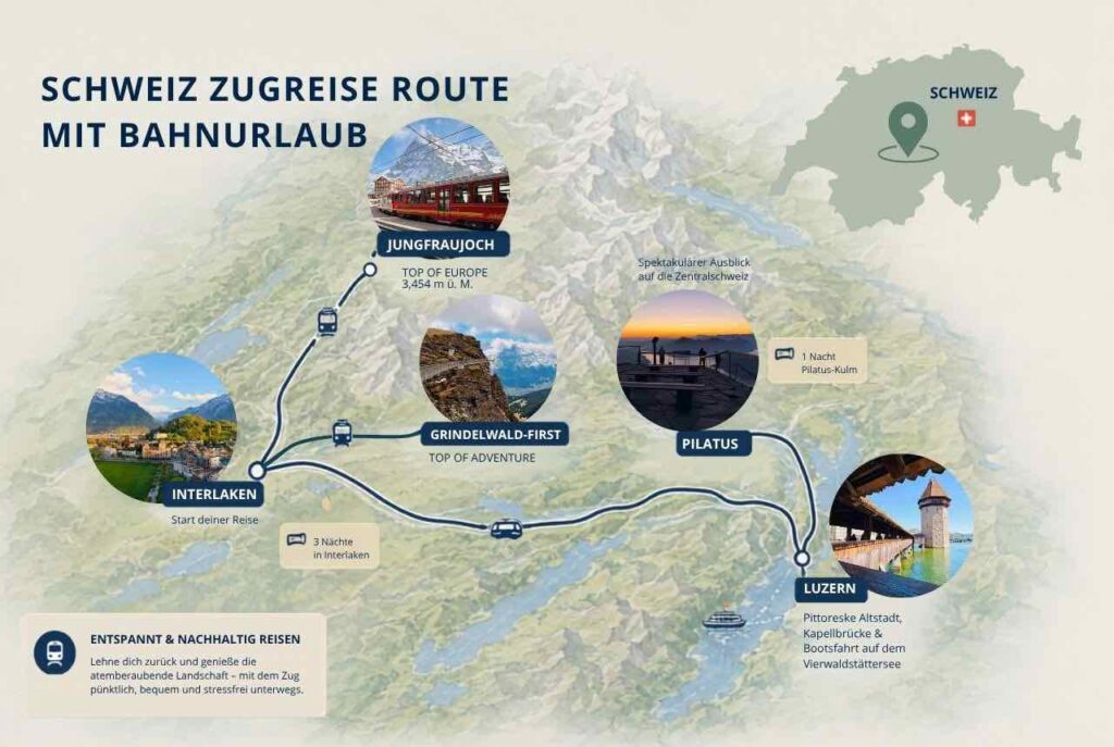 Eine Karte mit den Stationen dieser Zugreise durch die Schweiz.